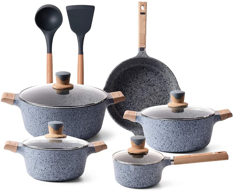 Photo 1 of YIIFEEO  Pieces Cookware Set, Nonstick Pans and Pots Sets, Stone Non Stick Frying Pans and Saucepan Sets with Cooking Utensils,Induction Compatible (Cream Marble)