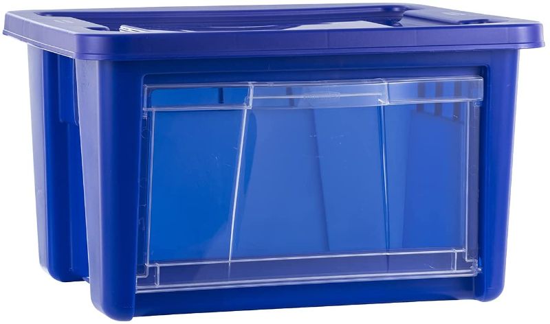 Photo 1 of Rubbermaid Small All-Access Tote with Lids, Pack of Two, Stackable Storage Bins with Clear Drop-Down Door and Carry Handles, Closet Organization Containers, Indigo Blue