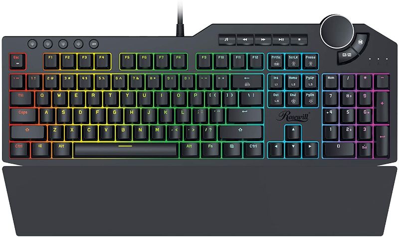Photo 1 of Rosewill Mechanical Gaming Keyboard, 15 RGB Backlit Modes, 2-Port USB Passthrough, Media Keys and Multifunctional Volume Dial, Magnetic Wrist Rest, Tactile Brown Switches - NEON K90 RGB BR, Black
