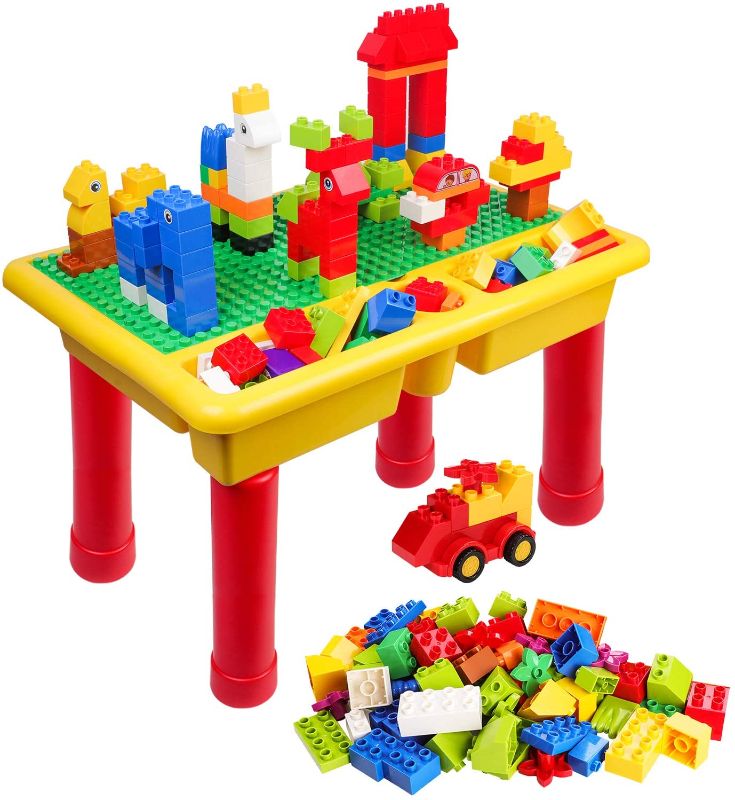 Photo 1 of burgkidz Kids 2-in-1 Block Table with Baseplate Board and 68 Piece Large Building Blocks, Children Educational Toy Classic Big Building Bricks Desk, Primary Colors …
