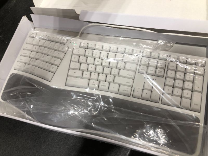 Photo 2 of Macally Mac Wired Keyboard with Wrist Rest - Natural and Comfortable Typing - Split Ergonomic Keyboard for Mac with 110 Keys, 21 OSX Shortcuts, and 5ft USB Cable - USB Apple Keyboard Ergonomic Design
