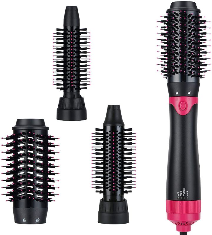 Photo 1 of Hot Air Brush, Hair Dryer Brush, 3 in 1 Interchangerable Hair Dryer & Volumizer,Ceramic Negative Ion Curling Dryer Styler Brush with 3 Brush Heads (Rose Black)
