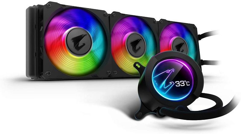 Photo 1 of GIGABYTE AORUS RGB AIO Liquid Cooler 360, 360mm Radiator, Triple 120mm Windforce PWM Fans, Customizable Full Color LCD Display, Advanced RGB Lighting and Control, Intel 115X/2066, AMD AM4, TR4
