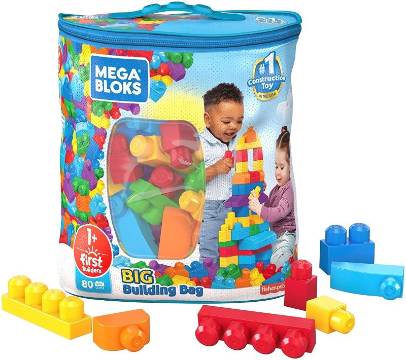 Photo 1 of Mega Bloks First Builders Big Building Bag with Big Building Blocks, Building Toys for Toddlers (80 Pieces) - Blue Bag
