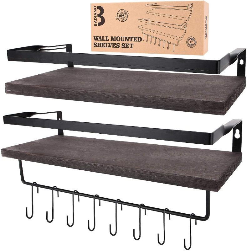 Photo 1 of Badiano Pack of 2 Floating Shelves, Wall Mount Shelf for Kitchen, Bedroom, Living Room, Pantry, Office, Rustic Wood Storage Shelf with Bathroom Towel Bar and 8 Hooks (Brown)
