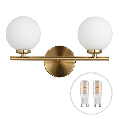 Photo 1 of BOKT Mid-Century Wall Sconce Golden Wall Lamp with Glass Globe Shade, Double Lights Modern Wall Lamp for Bathroom Bedroom Living Room with G9 Bulb (2-Lights)
