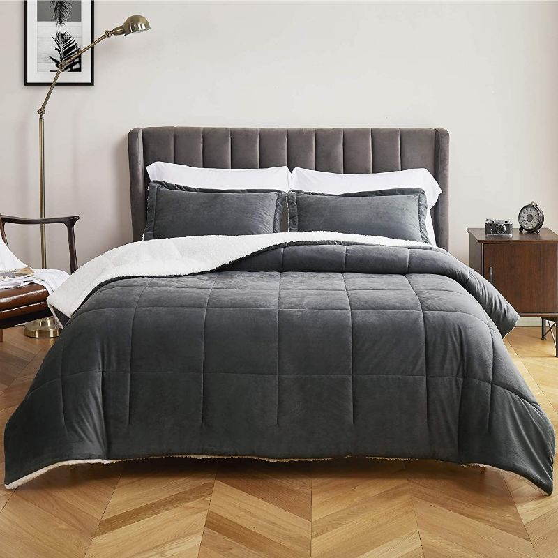 Photo 1 of Bedsure Luxurious Micromink Sherpa Twin Comforter Set 2 Pieces 1 Comforter 68x88 and 1 Pillow sham Reversible Down Alternative Comforter Machine Washable Dark Grey