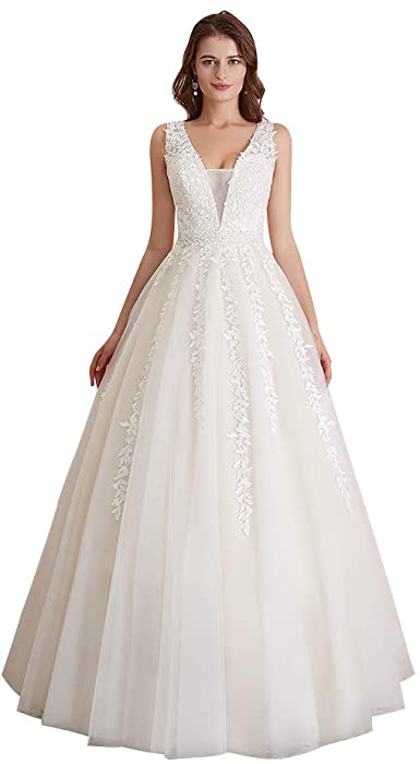 Photo 1 of Abaowedding Women's Wedding Dress Lace Double V-Neck Sleeveless Evening Dress
