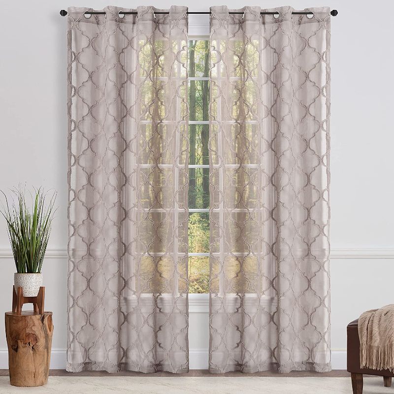 Photo 1 of Chanasya 2-Panel Moroccan Embroidered Grommet Textured Sheer Curtain Panels - for Windows Living Room Bedroom Kitchen Office - Translucent Window Drapes for...
