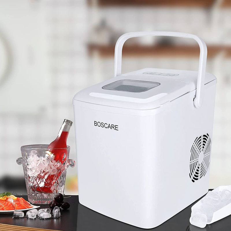 Photo 1 of BOSCARE Ice Maker Machine for Countertop - Portable Ice Cube Makers with Handle: 26lbs Ice in 24hrs | 9 Ice Cubes Ready in 6 Minutes with Ice Scoop and Basket for Home/Office/Bar/Party
