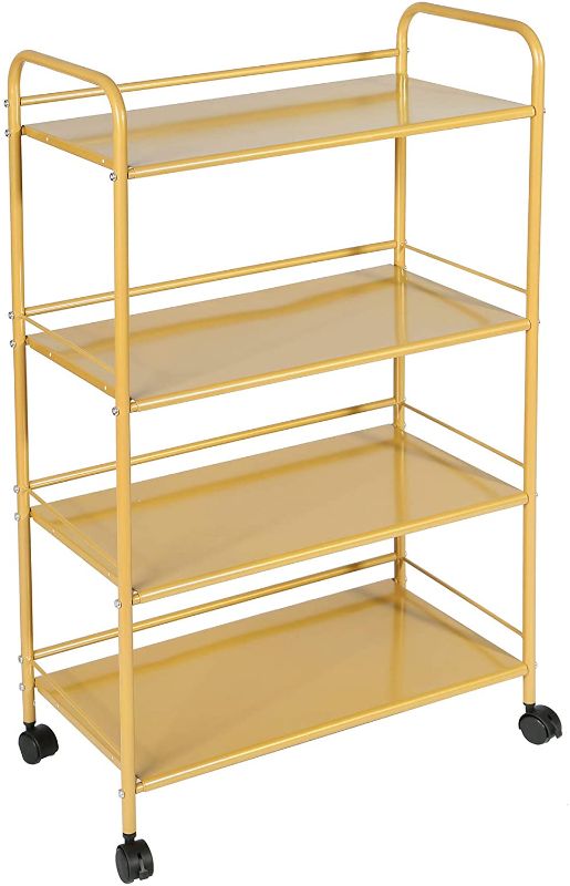 Photo 1 of 4 Tier Bathroom Slim Rolling Cart with 4 Hooks and 3 Metal Trays, Laundry Storage Utility Cart, Narrow Trolley Serving Cart with Locking Wheel, for Kitchen, Office, School (Bronze)

