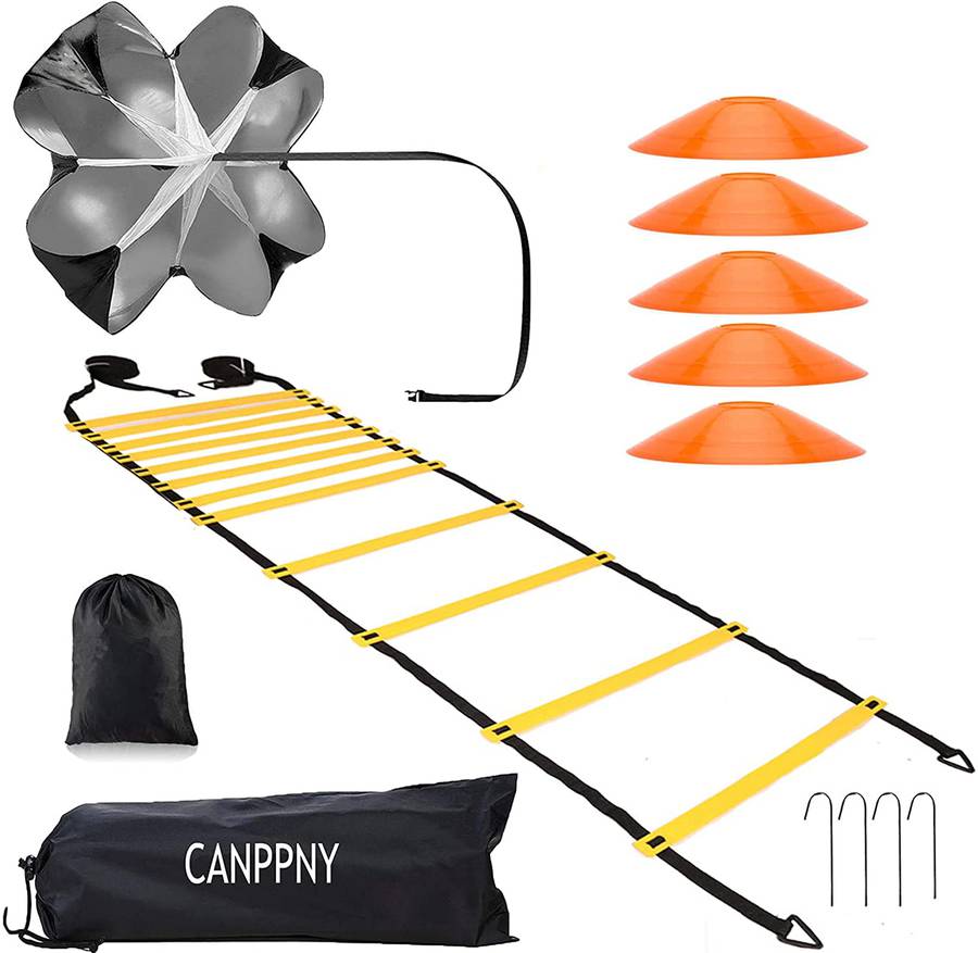 Photo 2 of  CANPPNY SPEED AGILITY TRAINING KIT—INCLUDES AGILITY LADDER WITH CARRYING BAG, 5 DISC CONES, RESISTANCE PARACHUTE.USE EQUIPMENT TO IMPROVE FOOTWORK ANY SPORT.
