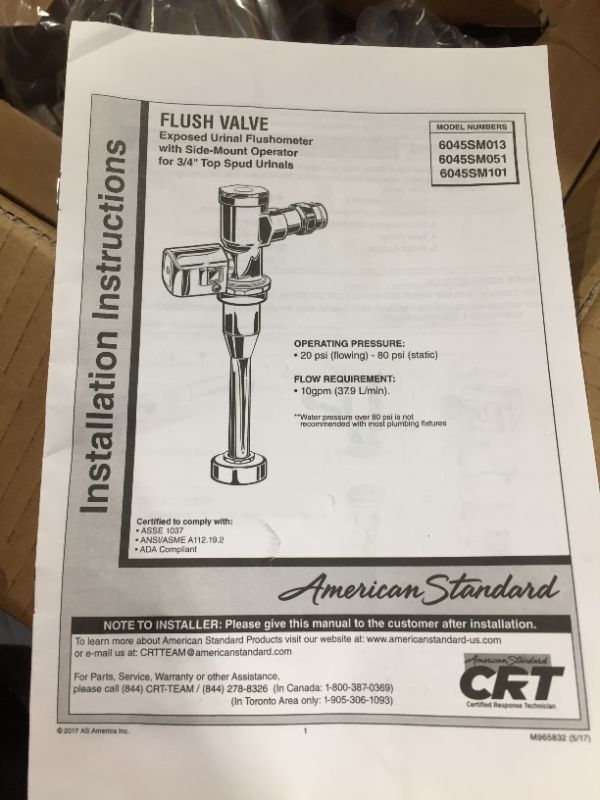 Photo 1 of american standard exposed urinal flushometer with side-mount operator for 3/4 top spud urinals 0.5 GPF