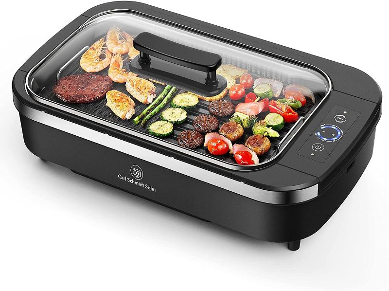 Photo 1 of Indoor Smokeless Grill-Electric Grill with Tempered Glass Lid, Removable 2-in-1 Nonstick Grill Plate, Turbo Smoke Extractor Technology, 6 Kinds of Temperature Control, Anti-slip Base,1500W, Black.