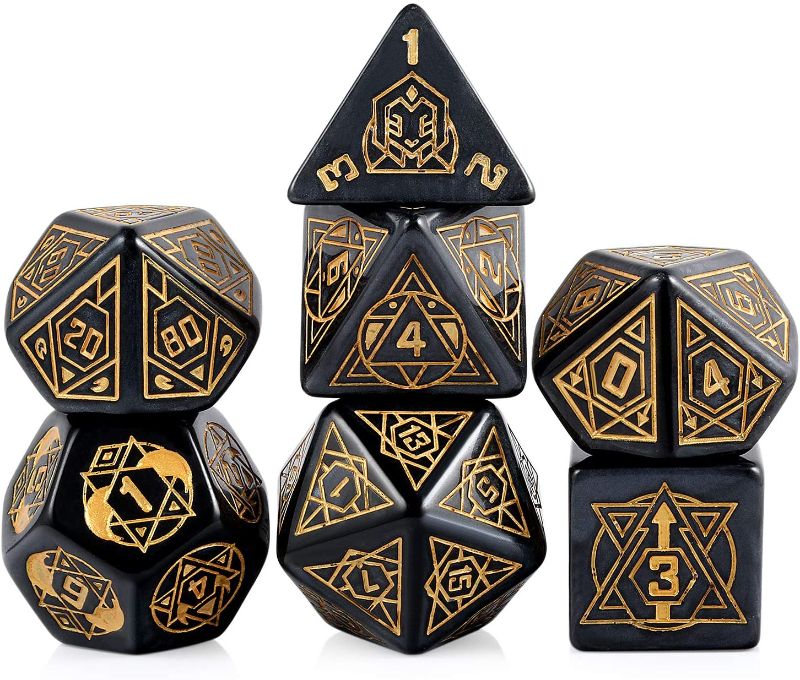 Photo 1 of 25mm Giant Polyhedral Dice Set D&D, DNDND Constellation Patterns DND Dice with Metal Tin for Role Playing Game Dungeons and Dragons (Black with Gold Number)
