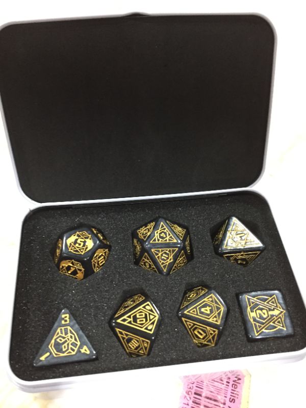 Photo 2 of 25mm Giant Polyhedral Dice Set D&D, DNDND Constellation Patterns DND Dice with Metal Tin for Role Playing Game Dungeons and Dragons (Black with Gold Number)
