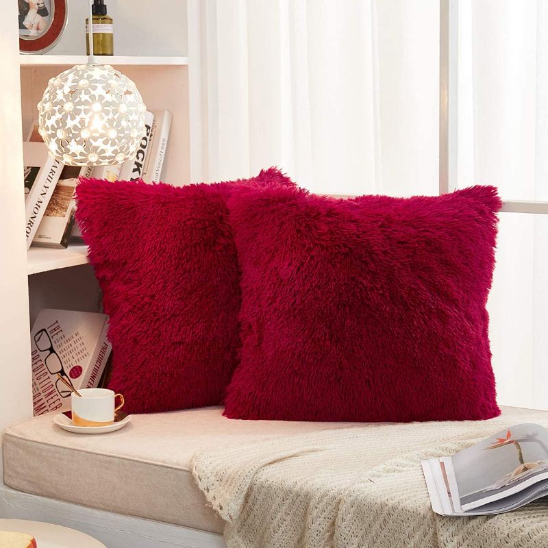 Photo 1 of JAUXIO Set of 2 Long Faux Fur Soild Decorative Pillowcase Fluffy Throw Pillow Cover Velvet Shaggy Plush Cushion Case for Couch (Burgundy, 20"X20")
