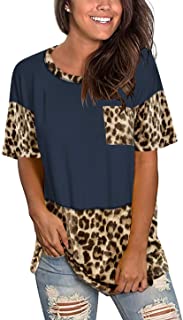 Photo 1 of Floral Find Womens Round Neck Short Sleeve Leopard Print Tops Summer Loose Casual TShirt with Pocket Size Medium