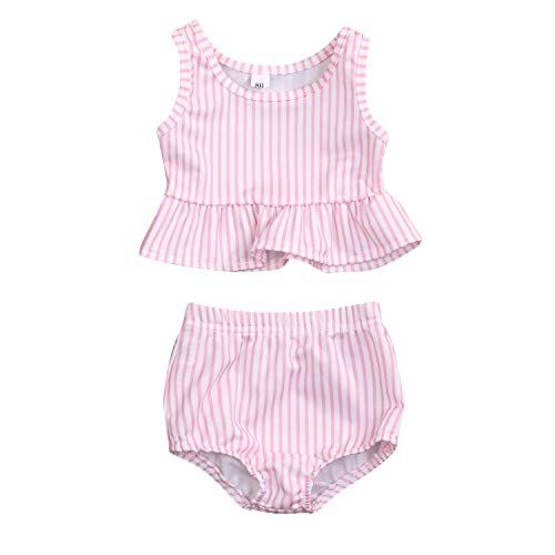 Photo 1 of YOUNGER TREE Toddler Baby Girls Summer Swimsuit Sleeveless Striped Swimwear TwoPiece Suit Beach Bikini PinkWhite 80