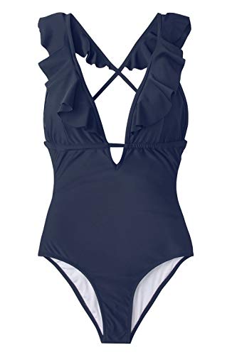 Photo 1 of CUPSHE Womens One Piece Swimsuit Ruffle Deep V Neck Strappy Swimwear Bathing Suits