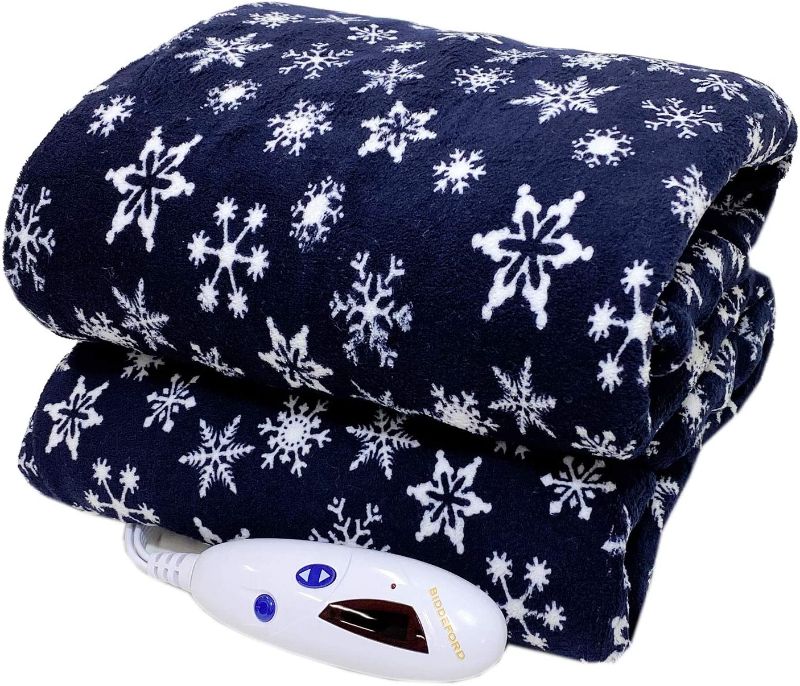 Photo 1 of Biddeford Microplush Electric Heated Warming Throw Blanket Navy Blue Snowflake Washable Auto Shut Of