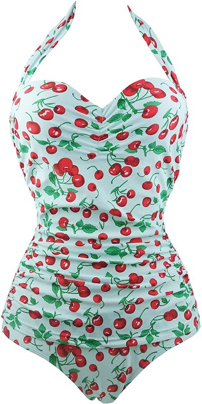 Photo 1 of COCOSHIP Women's 50s Retro Floral Swimsuit Ruching One Piece Vintage Swimwear Pin Up Monokinis XXL