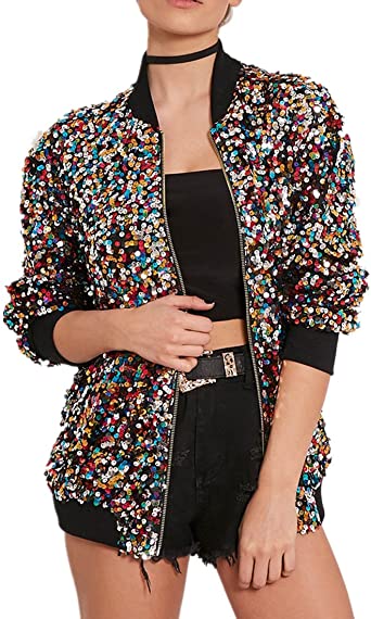 Photo 1 of Cresay Women's Sequin Fitted Long Sleeve Zipper Blazer Bomber Jacket