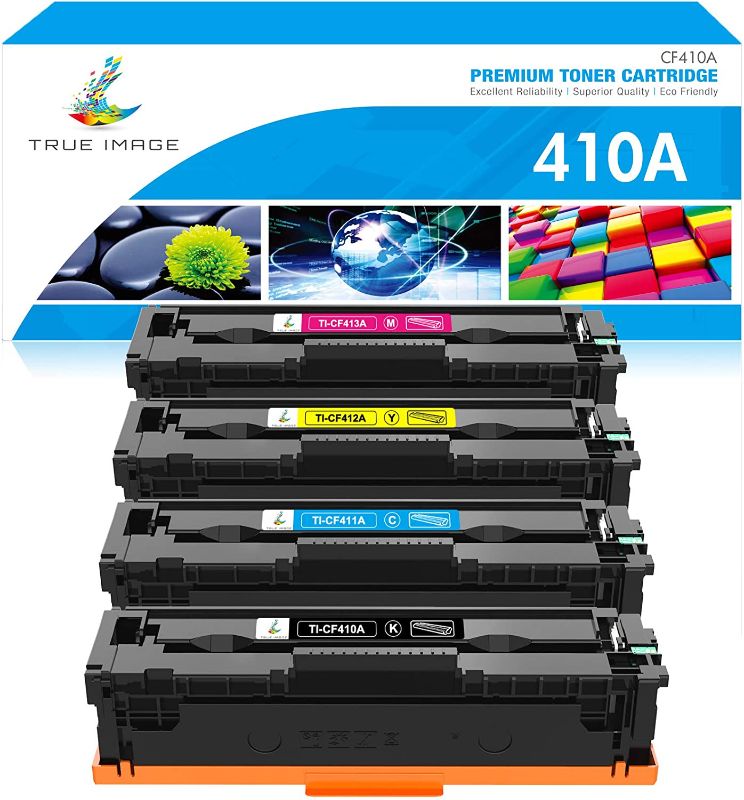 Photo 1 of TRUE IMAGE Compatible Toner Cartridge Replacement for HP 410A CF410A CF411A CF412A CF413A Color Laserjet Pro MFP M477fnw M477fdw M477fdn M452dn M452nw M477 Printer (Black Cyan Yellow Magenta, 4-Pack)
