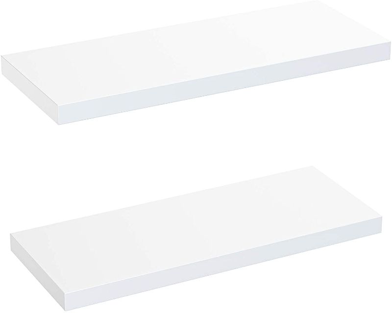 Photo 1 of White Floating Shelves - Set of 2 Hanging Shelves Decoration with Wide Panel 9.3in Deep, Perfect for Bedroom, Bathroom, Living Room and Kitchen Decoration Storage and Display by Amada AMFS06