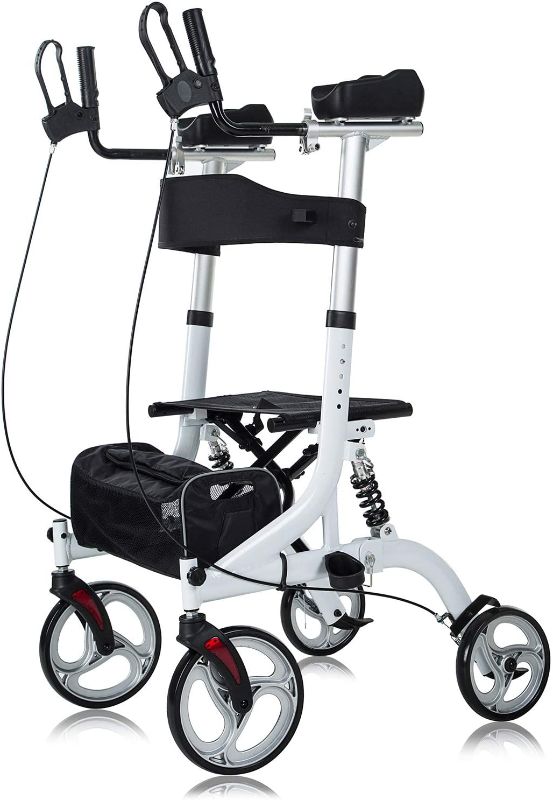 Photo 1 of ELENKER Upright Rollator Walker, Stand Up Rollator Walker with Shock Absorber, 10” Front Wheels and Carrying Pouch, Suitable for Outdoor, White