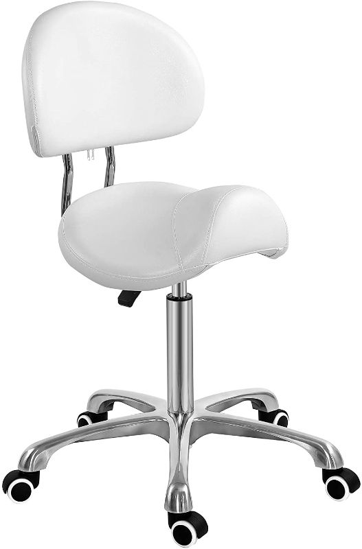 Photo 1 of Saddle Stool Chair with Back Ergonomic Rolling Esthetician Seat for Salon Tattoo Shop Spa Home Dentist Clinic (with Backrest, White)