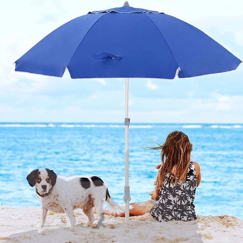 Photo 1 of wikiwiki 6.5ft Beach Umbrella Portable UV 50+ Protection Aluminum Pole with Anchor,Siver-Coating,Push Button Tilt & Carrying Bag for Sand Heavy Duty Wind Outdoor Garden Beach(Blue).
