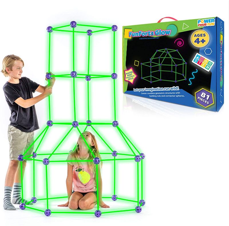 Photo 1 of Fun Forts Glow Fort Building Kit for Kids - 81 Pack Glow in the Dark STEM Building Toys Indoor Outdoor Play Tent for Kids Construction Toys with 53 Rods and...
