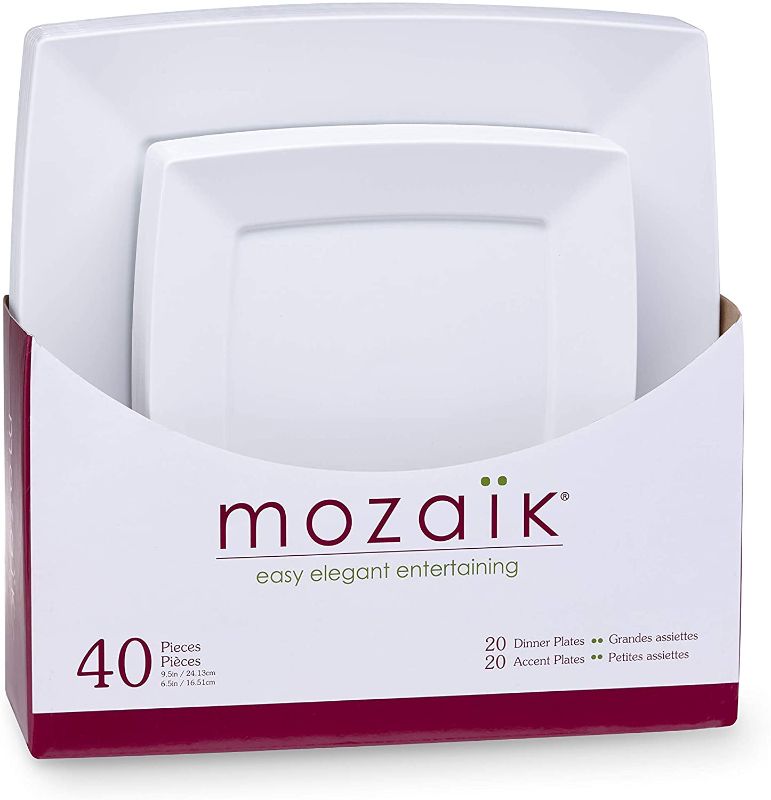 Photo 1 of Mozaik Premium Plastic White Modern Square Plate Set, 40 pieces
