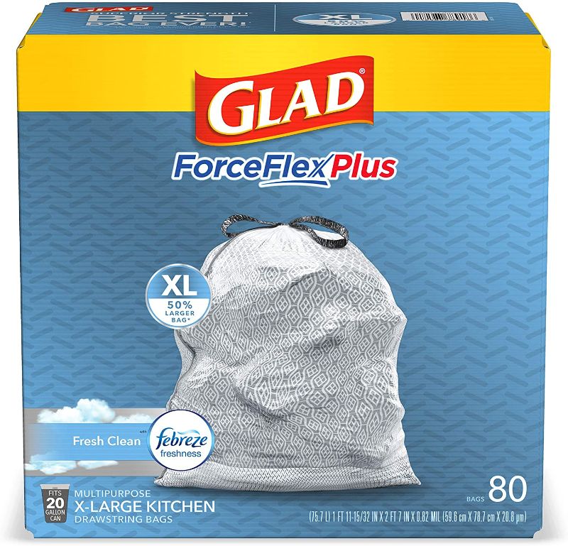 Photo 1 of GLAD ForceFlexPlus XL X-Large Kitchen Drawstring Trash Bags - 20 Gallon Grey Trash Bag, Fresh Clean with Febreze Freshness 80 Count (Package May Vary)
