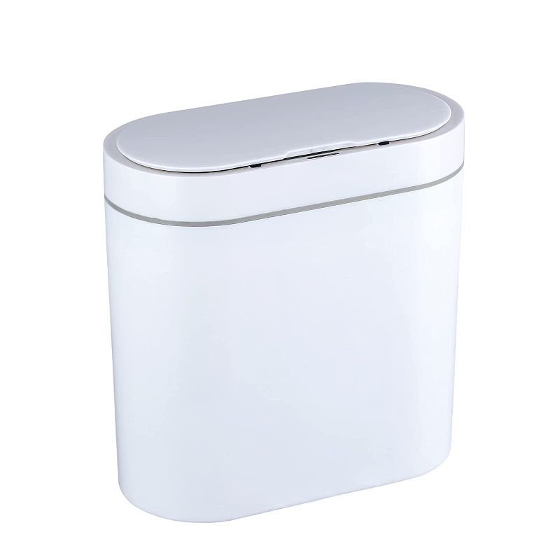 Photo 1 of ELPHECO 2.5 Gallon Waterproof Motion Sensor Small Bathroom Trash Can with Lid, Slim Plastic Narrow Bedroom Garbage Can Touchless Trash Can, White
