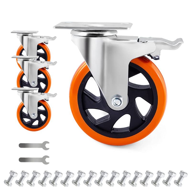 Photo 1 of D&L 5 Inch Plate Casters Wheels 1800lbs Heavy Duty Casters with Brake Polyurethane Dual Locking Casters Set of 4 Orange DL-I5-001