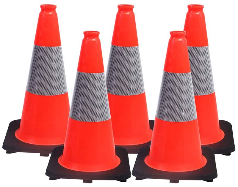 Photo 1 of (Pack of 5) BESEA 18" Orange PVC Safety Traffic Cone Black Base Construction Road Parking Cones with 6" Reflective Collars