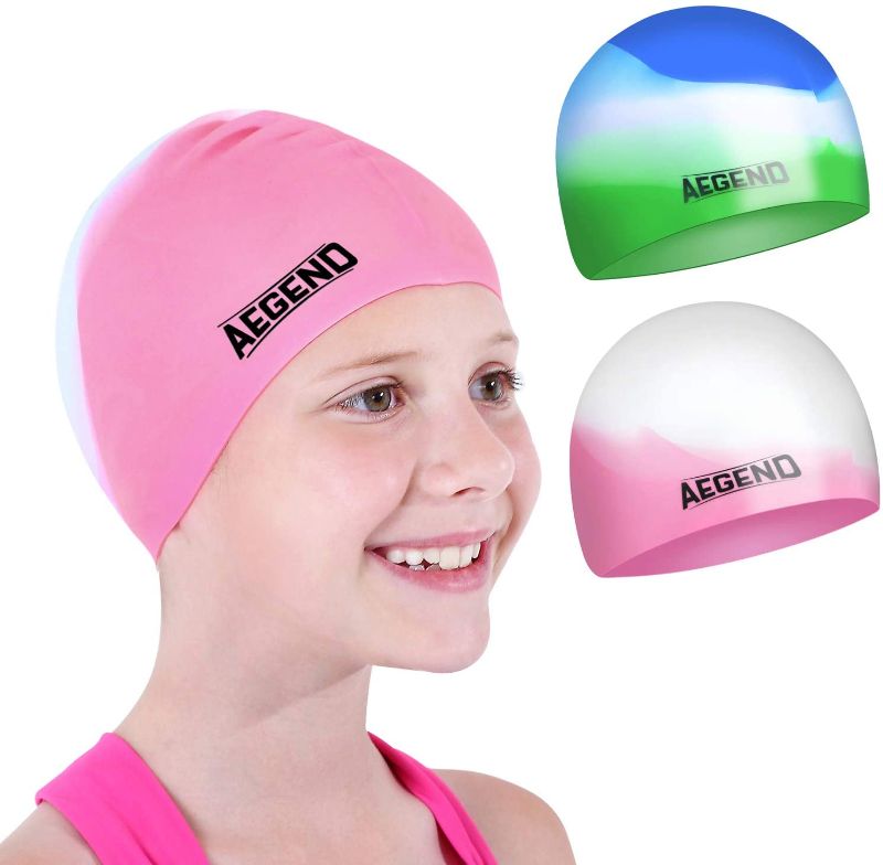 Photo 1 of Aegend 2 Pack Swim Cap for Age 212 Durable Silicone Swimming Cap for Kids Youths Comfortable Fit for Long Hair and Short Hair 6 Colors