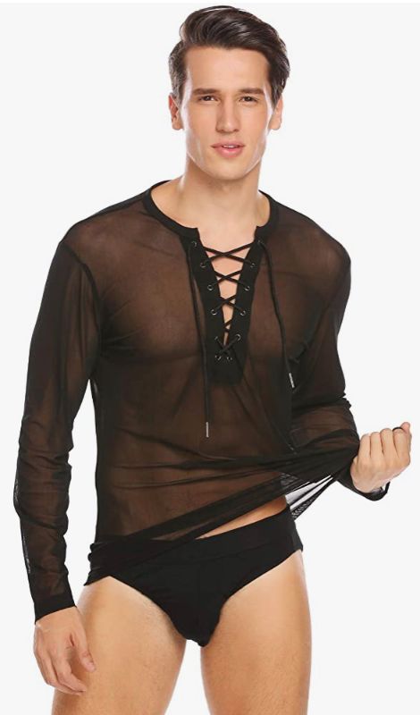 Photo 1 of COOFANDY Mens Sexy Lace up See Through Long Sleeve T Shirt Mesh Undershirts size 2XL