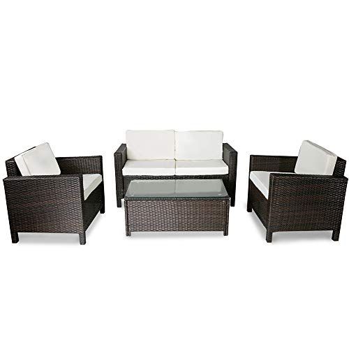 Photo 1 of 4PCS Rattan Patio Conversation Set Outdoor Furniture Set Wheat White Cushions