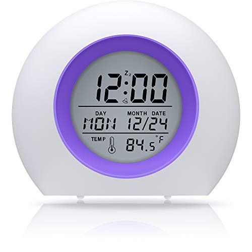 Photo 1 of ANDATE Kids Alarm Clock Light Snooze Temperature Detect for Toddler Batteries Operated Purple 3 AAAs required NOT included