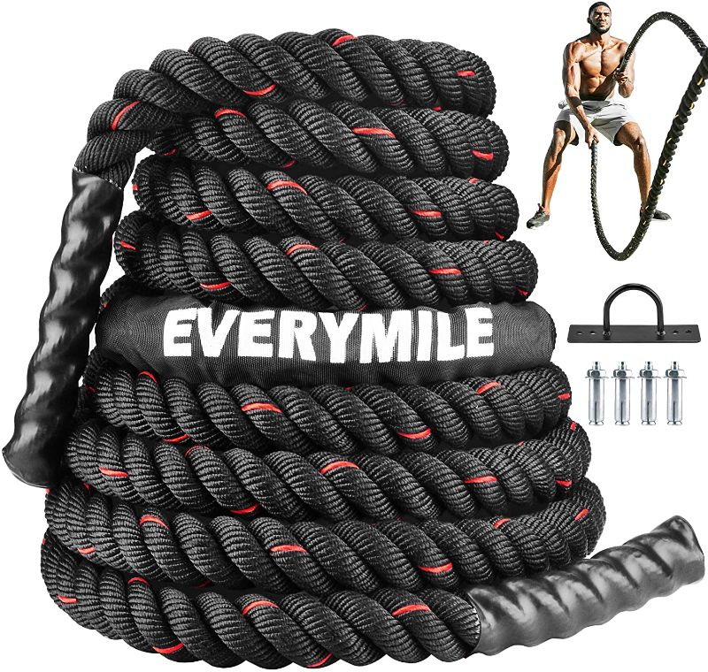 Photo 1 of EVERYMILE Battle Rope, Workout Rope for Core Strength Training?Crossfit?100% Poly Dacron Heavy Exercise Training Rope with Anchor Kit & Protective Sleeve Home Outdoor Gym 1.5In30