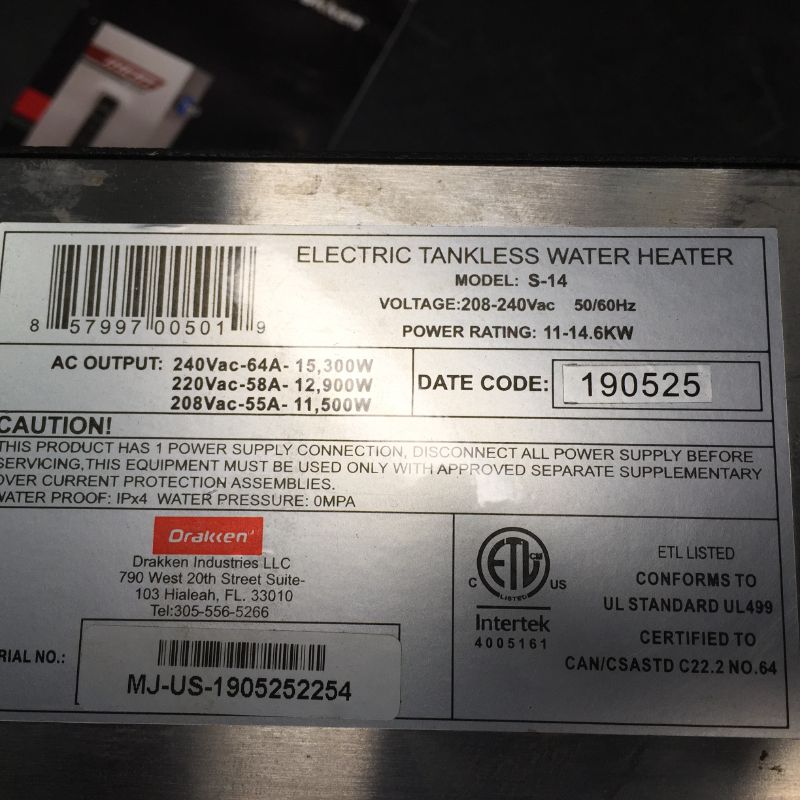 Photo 3 of iHeat Tankless S-14 240V 66A 16KW Stainless Steel Enclosure 7.2" by 11" by 3" 1/2"CPT 36' AWG#8 Electric Water Heater