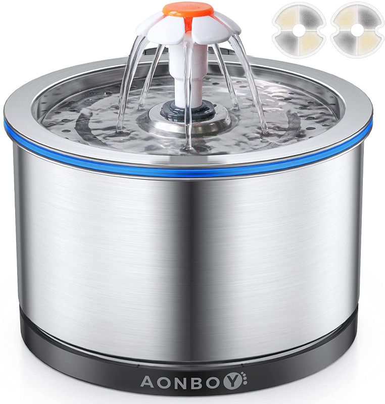 Photo 1 of AONBOY Cat Water Fountain Stainless Steel, 84oz/2.5L Cat Fountain with Improved Quiet Water Pump,Pet Water Fountain with Nightlight and 2 Filters