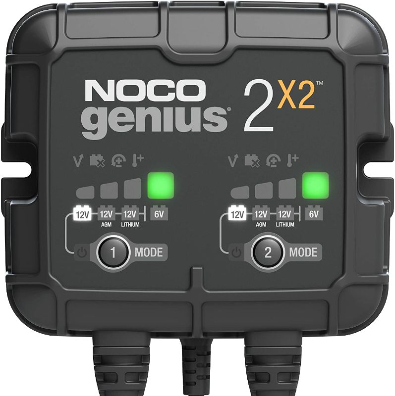 Photo 1 of NOCO GENIUS2X2, 2-Bank, 4-Amp (2-Amp Per Bank) Fully-Automatic Smart Charger, 6V and 12V Battery Charger, Battery Maintainer, Trickle Charger, and Battery Desulfator with Temperature Compensation
