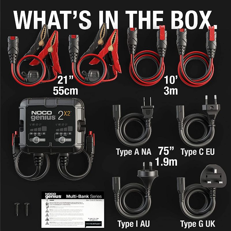 Photo 2 of NOCO GENIUS2X2, 2-Bank, 4-Amp (2-Amp Per Bank) Fully-Automatic Smart Charger, 6V and 12V Battery Charger, Battery Maintainer, Trickle Charger, and Battery Desulfator with Temperature Compensation
