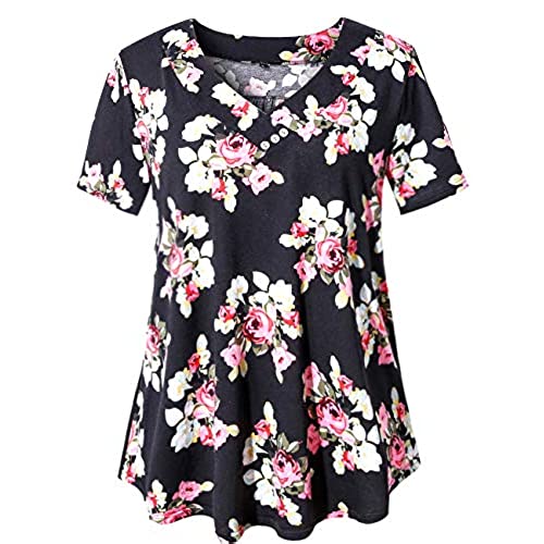 Photo 1 of FOLUNSI Women's Plus Size Foral Printed Short Sleeve Henley V Neck Pleated Casual Flare Tunic Blouse Shirt Multi Black Flower 3XL
