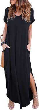 Photo 1 of HUSKARY Women's Summer Maxi Dress Casual Loose Pockets Long Dress Short Sleeve Split, SIZE M
