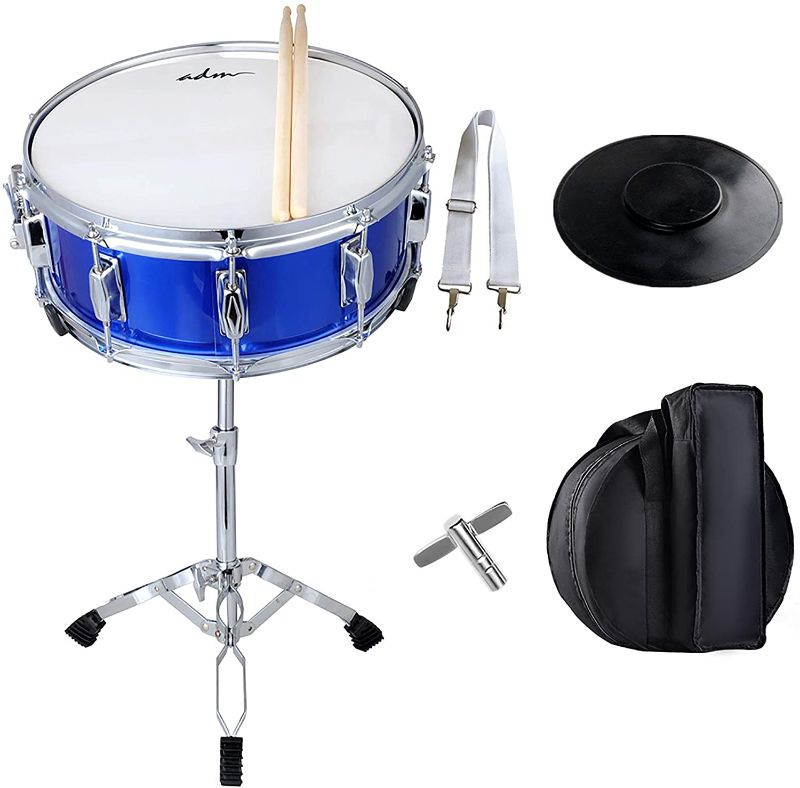 Photo 1 of ADM 14"X 5.5" Student Snare Drum Set, Kids Snare Drum Beginner Kit with Stand, Drum Mute Pad, Strap, Drum Sticks, Drum Keys
